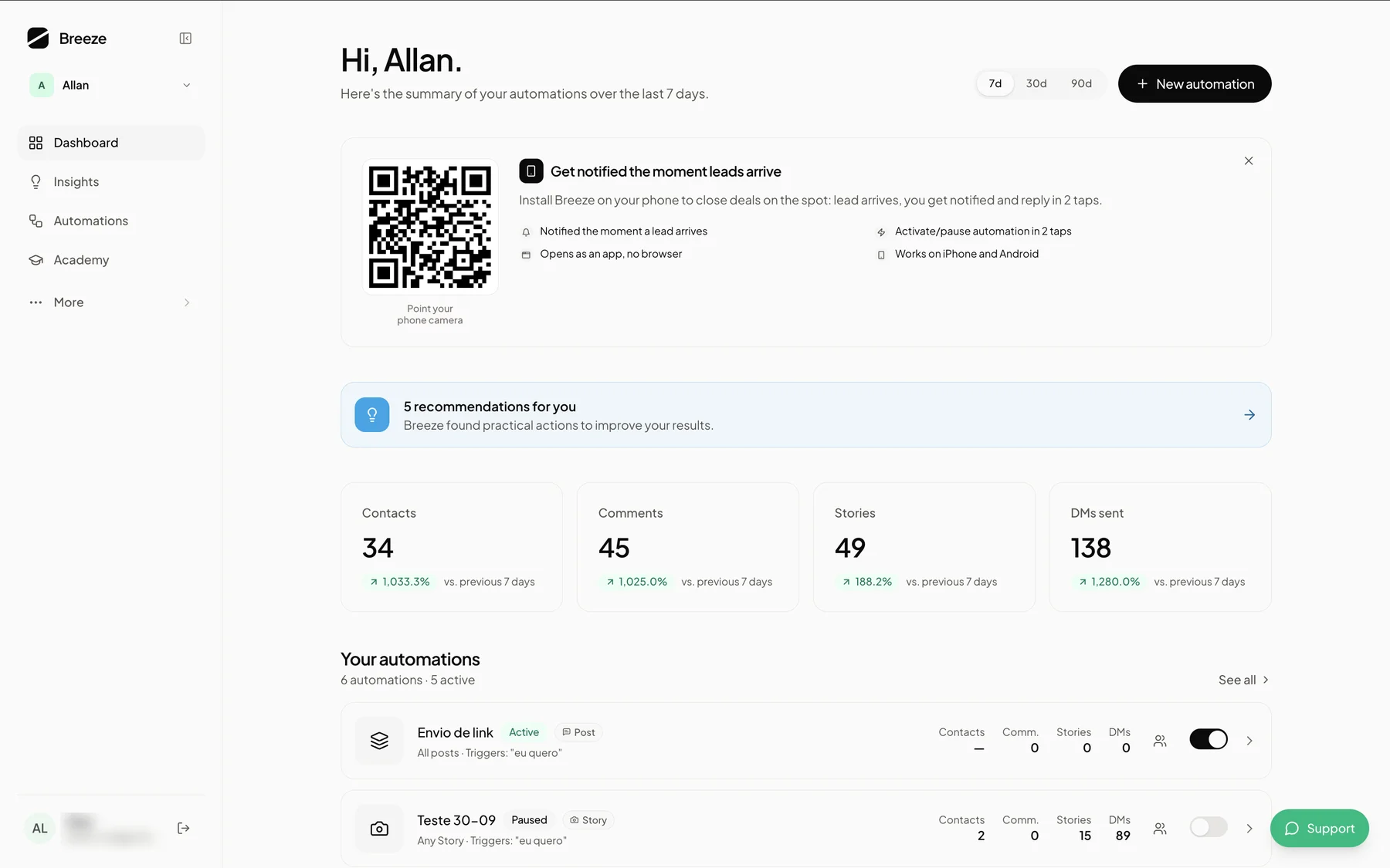 Dashboard reale di Breeze con automazioni, lead e metriche