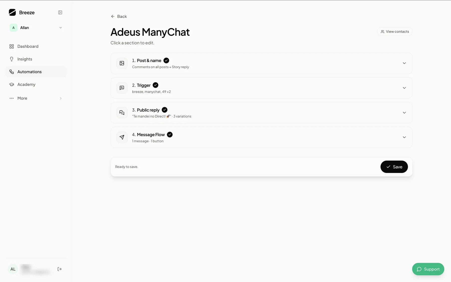 Automazione Commento → DM creata nel pannello di Breeze